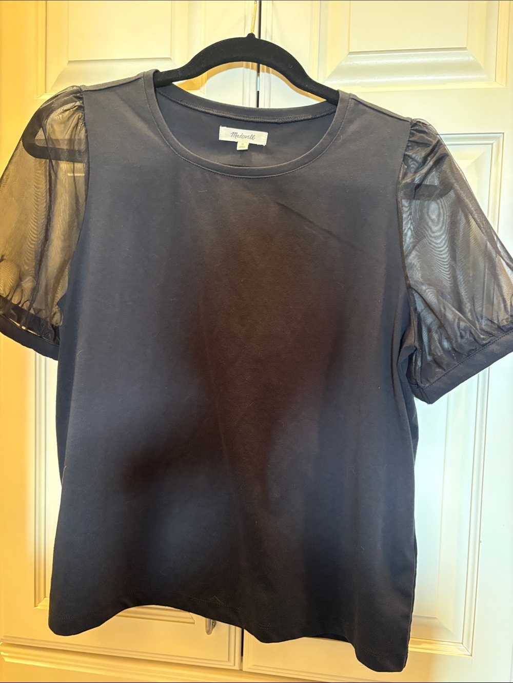 Madewell Black Tee with Sheer Puff Mesh Sleeves Excellent Condition Size Medium
